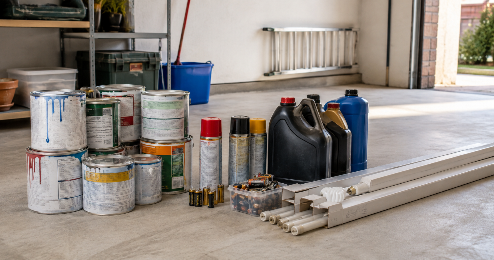 Sondermüll mit Farbdosen, Spraydosen, Batterien, Ölbehältern und Leuchtstoffröhren