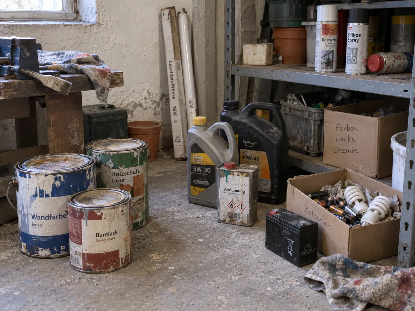 Farben, Spraydosen, Batterien, Öle und Leuchtmittel als Sondermüll